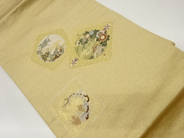 五角形に菱・草花・鳥模様織出し名古屋帯